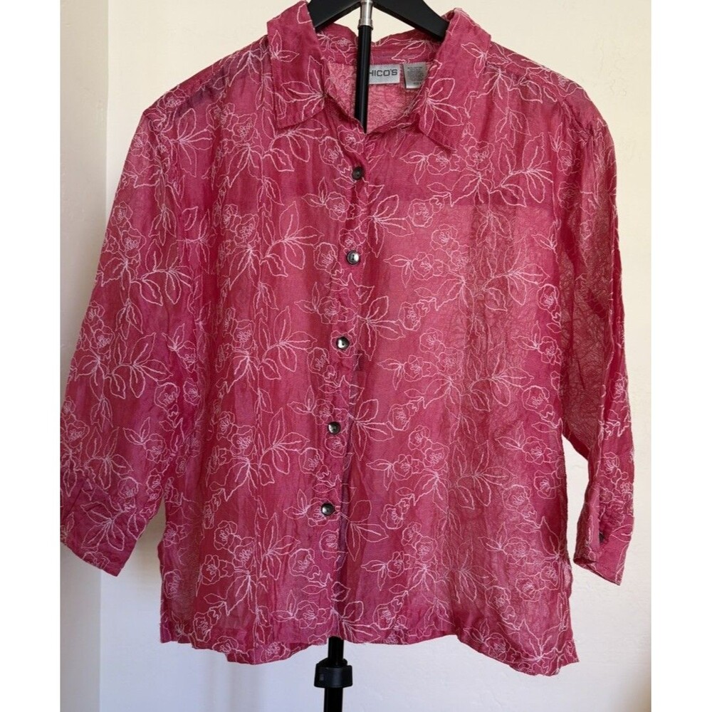 Chico’s Women’s Pink White Floral Embroidered Button-Up Blouse XL Cotton Silk